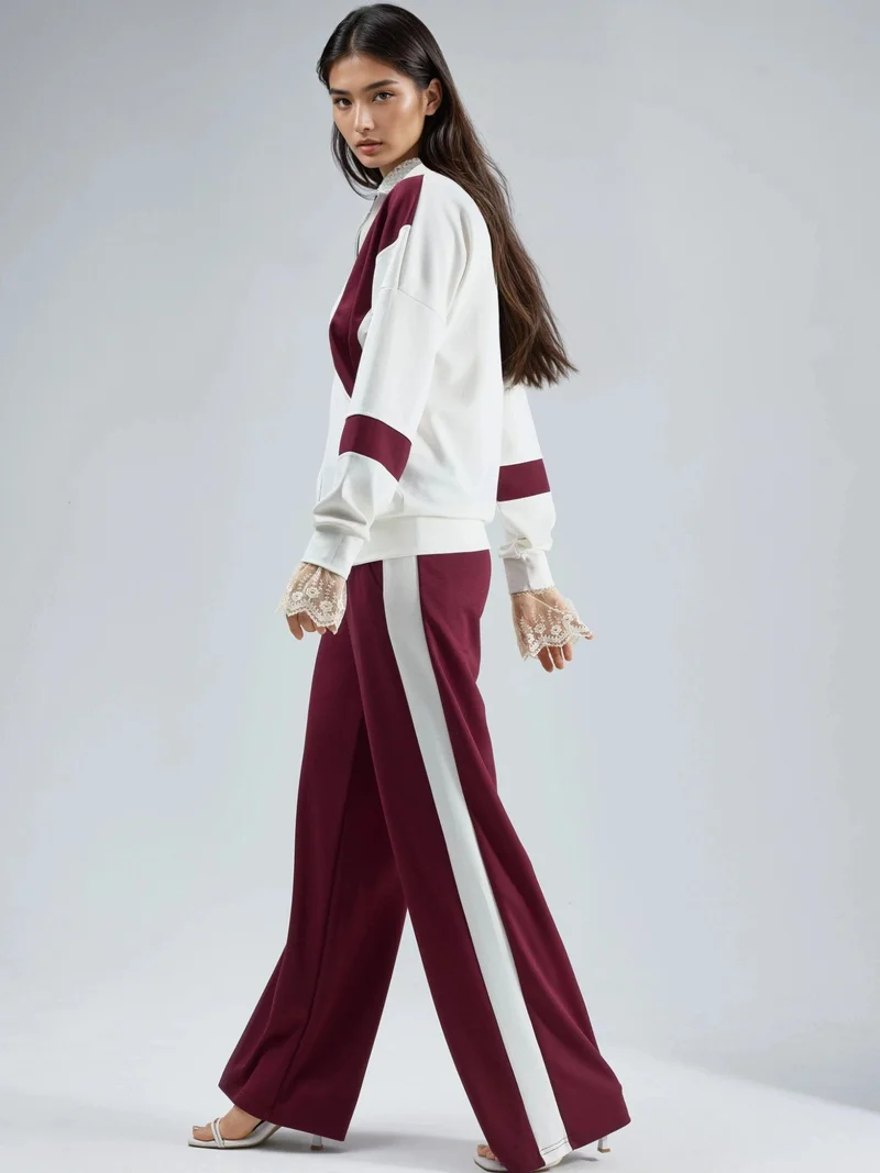 هيكاب طقم قطعتين واسع الساق بياقة بسحاب ولون متداخل من مجموعة بيرسان